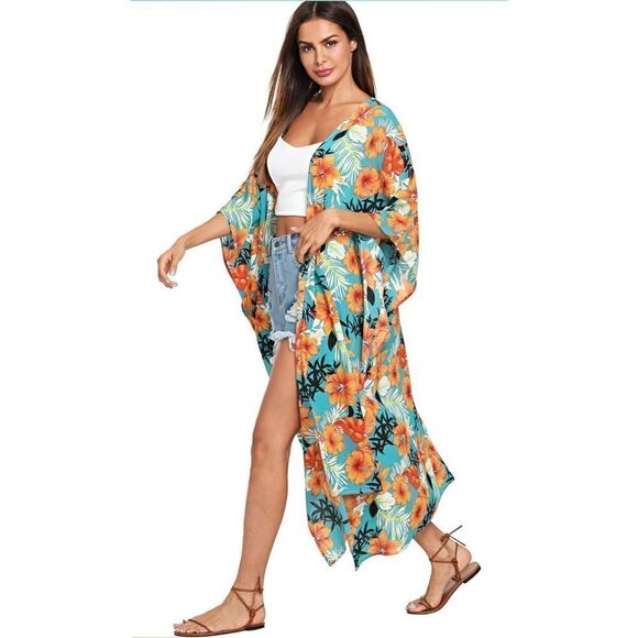Women's Flowy Kimono Cardigan Open Front Maxi Dress Turquoise S-XX-Large - Picture 1 of 7